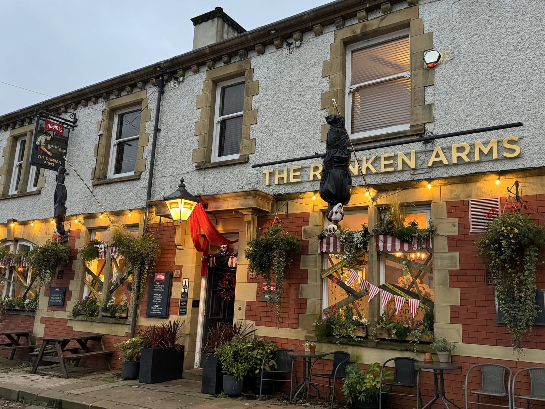 The front of the pub in bloom